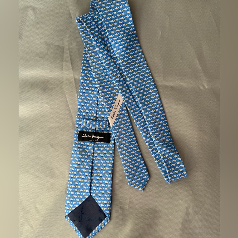 Salvatore Ferragamo Blue Piggy Gold Coin Pattern Tie $298